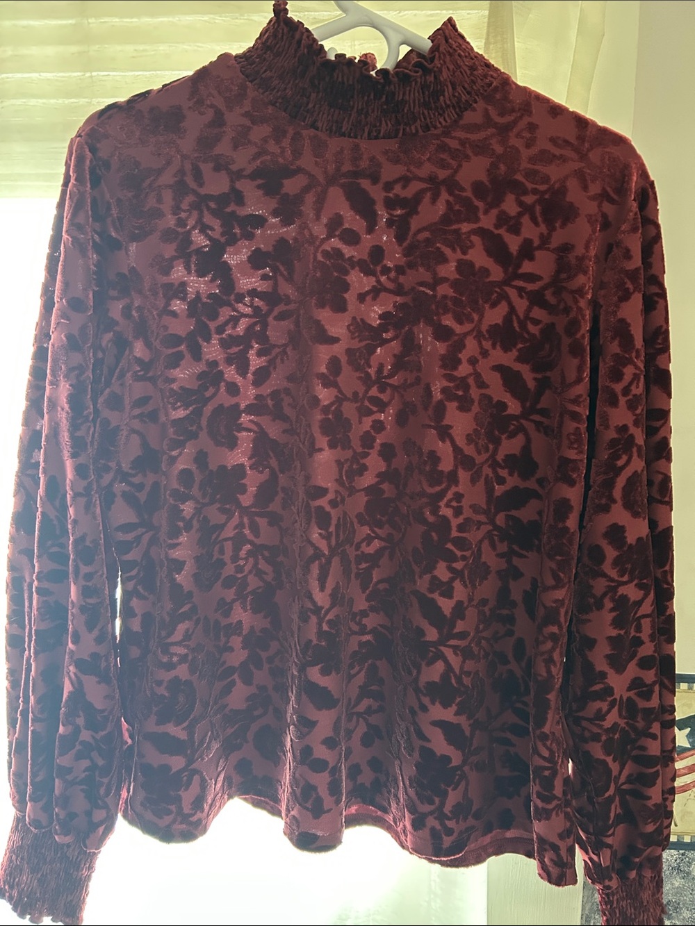 Maurices Burgundy Floral Burnout Velvet Long Sleeve Top